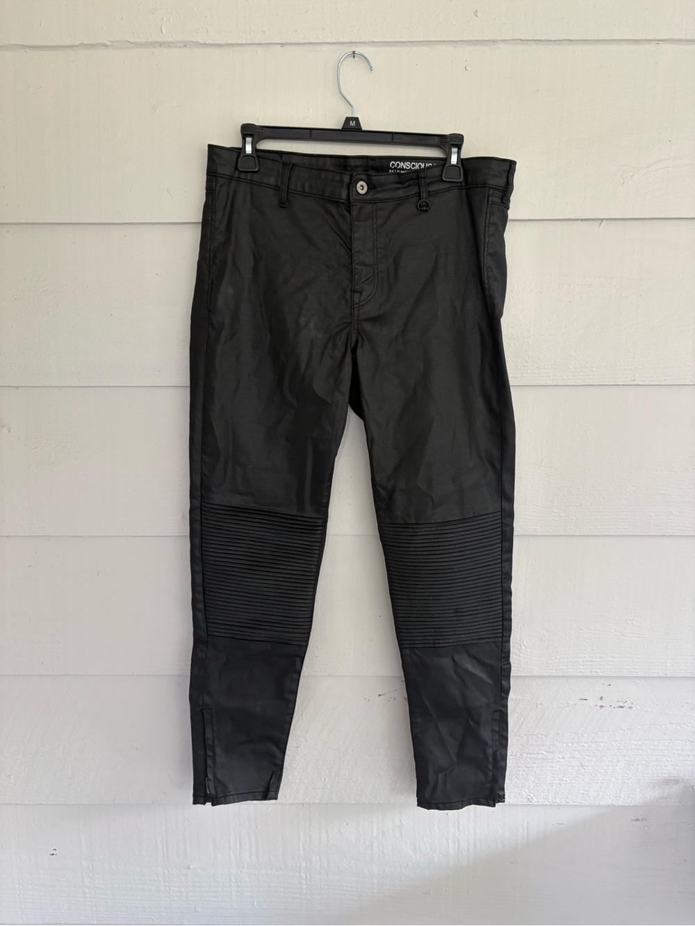 H&M Black Coated Skinny Ankle Pants Size 32 Moto Biker Faux Leather Look